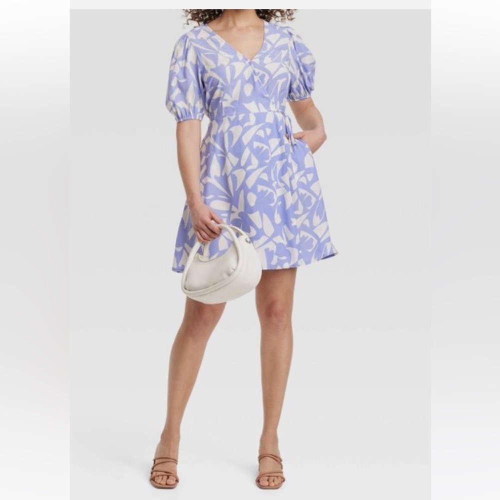 NWT Women's Balloon Short Sleeve Mini Wrap Dress - A New Day Blue Print